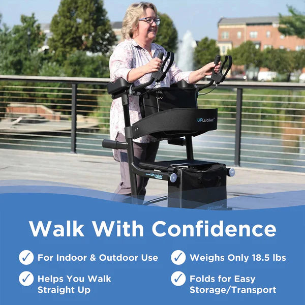 Senior woman using the UPWalker Premium Lite upright rollator walker outdoors for improved posture support, balance assistance, and lightweight everyday mobility