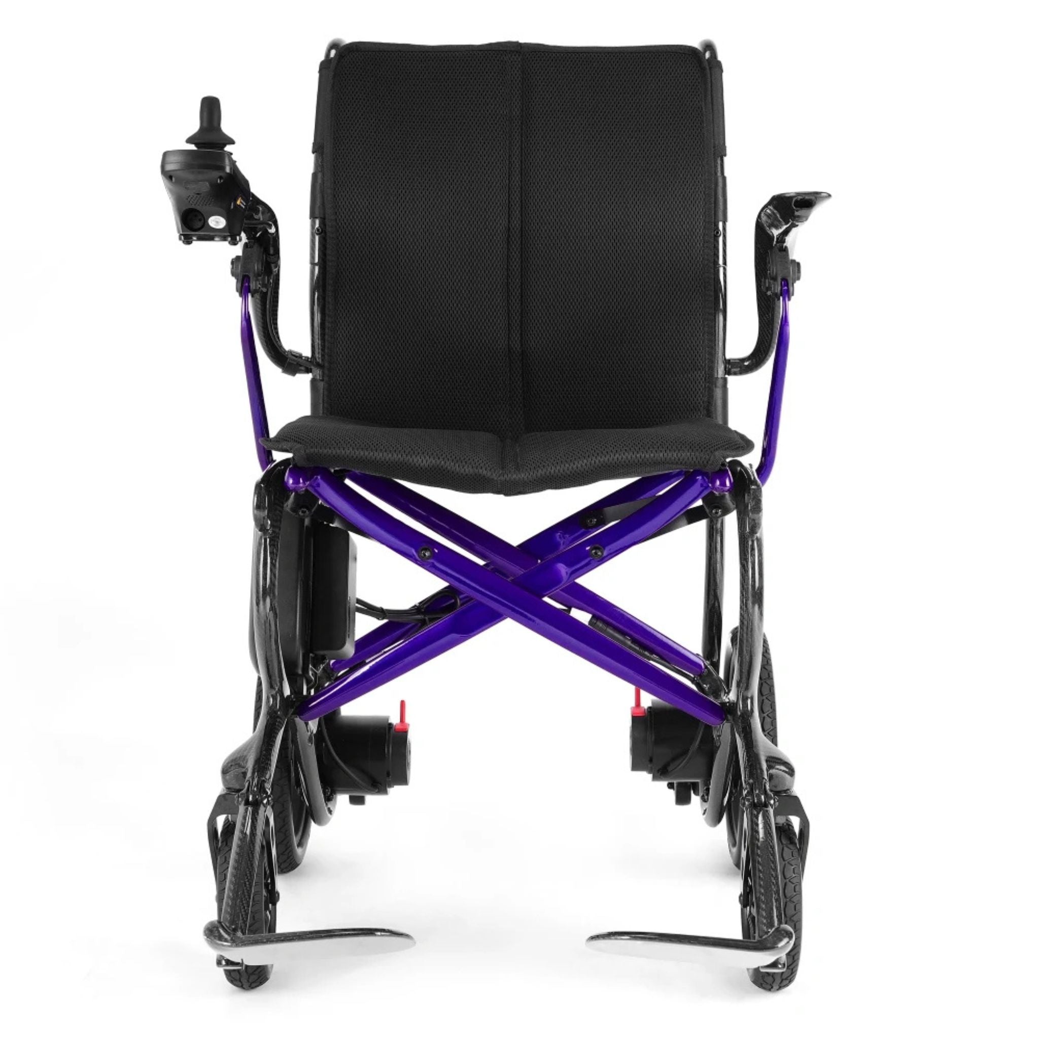 Front view of the Ultralite G20 lightweight carbon fiber folding electric wheelchair with ergonomic seating and compact travel-ready mobility design