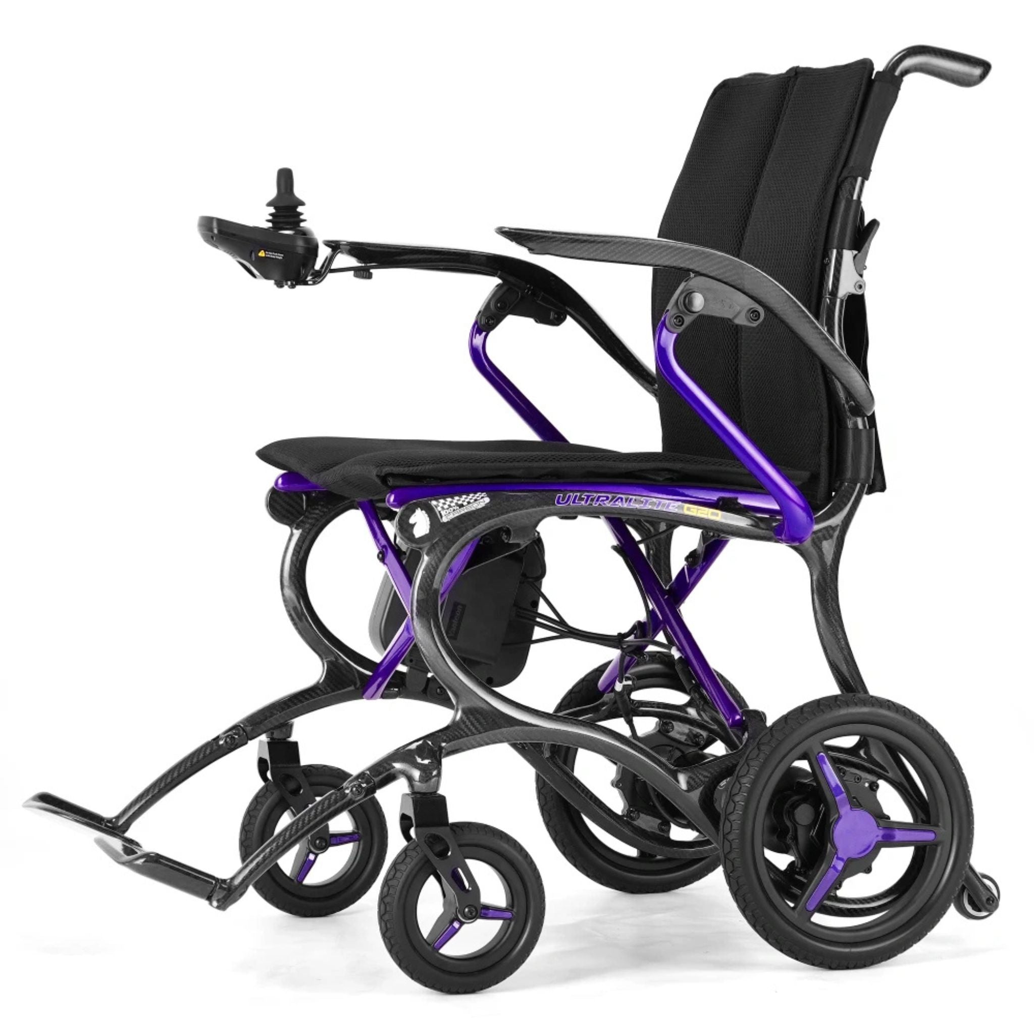 Rear three quarter angle view of the Ultralite G20 lightweight carbon fiber folding electric wheelchair with compact travel-ready frame and ergonomic seating system
