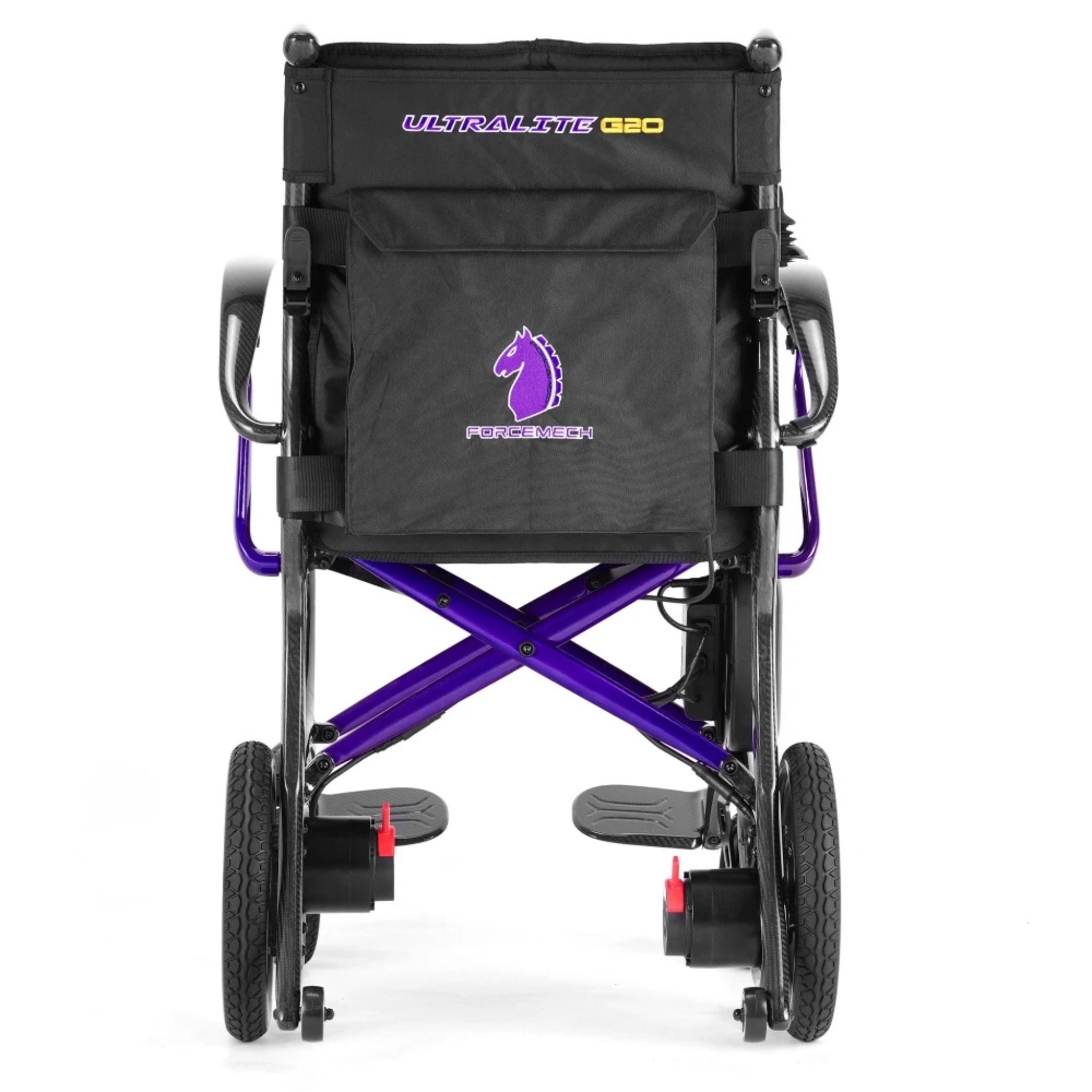 Rear view of the Ultralite G20 lightweight carbon fiber folding electric wheelchair showing compact travel-ready frame and rear storage pocket