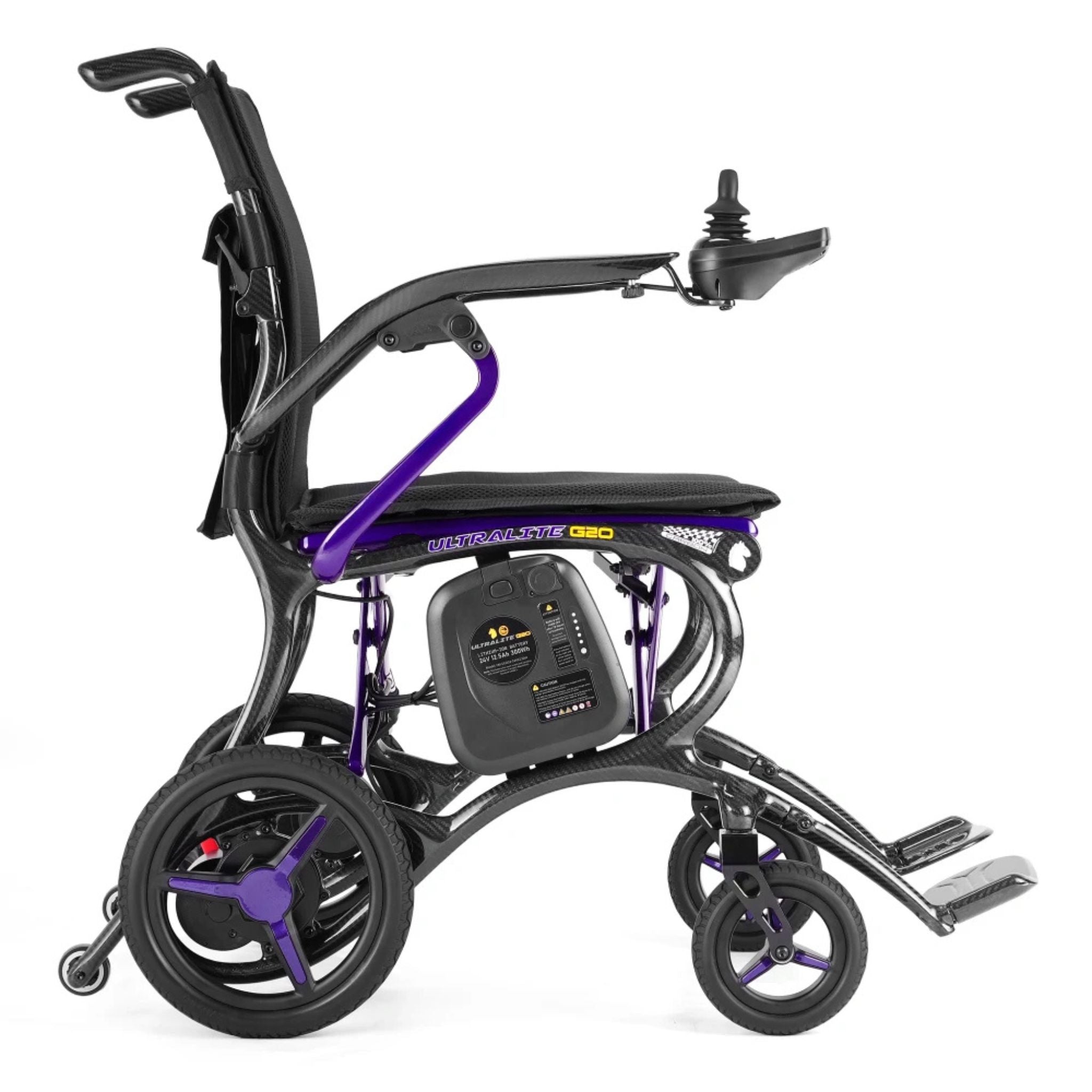Side profile view of the Ultralite G20 lightweight carbon fiber folding electric wheelchair with compact travel-ready design and ergonomic seating
