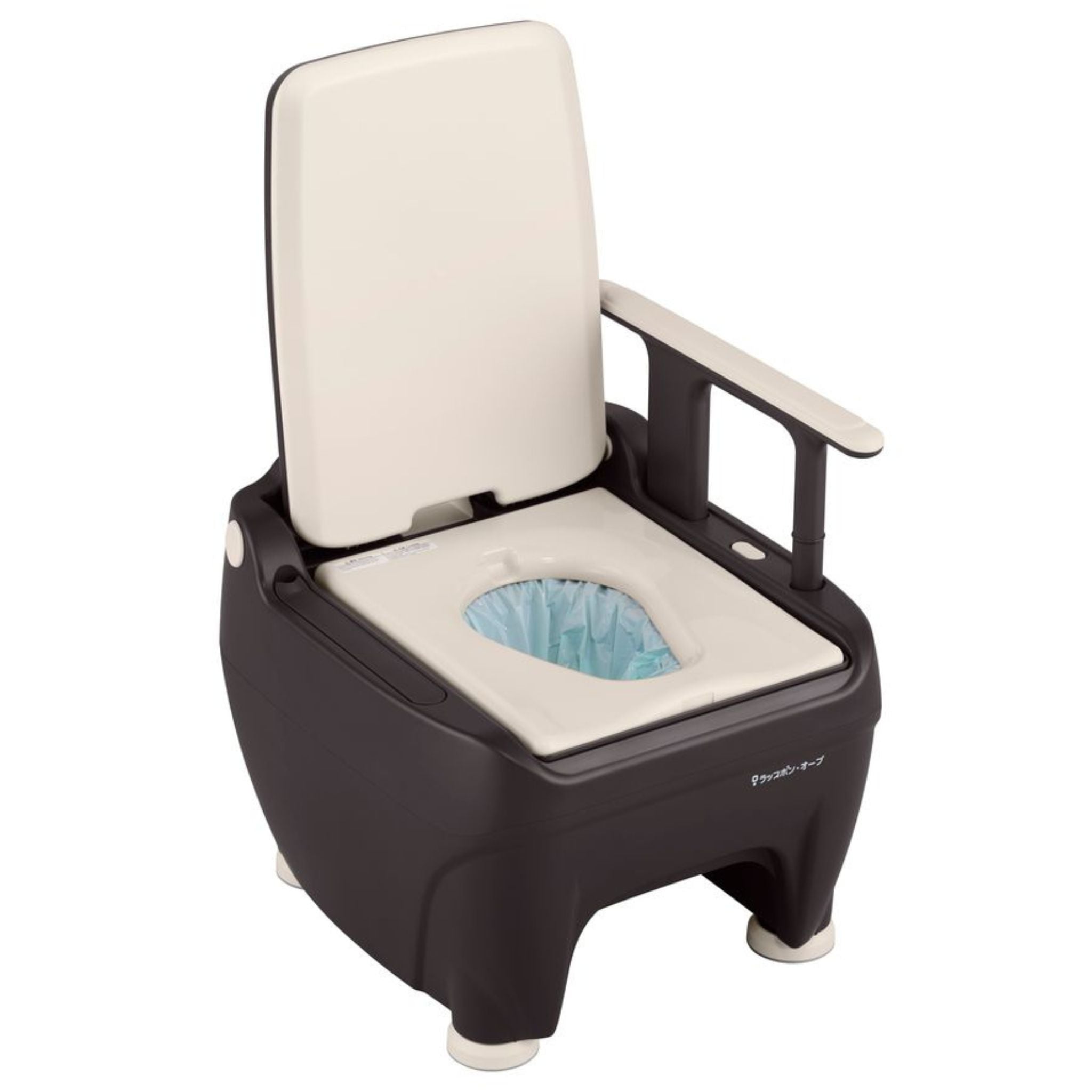 Angled front view of the Wrappon ORB odorless portable commode toilet for home care and bedside toileting