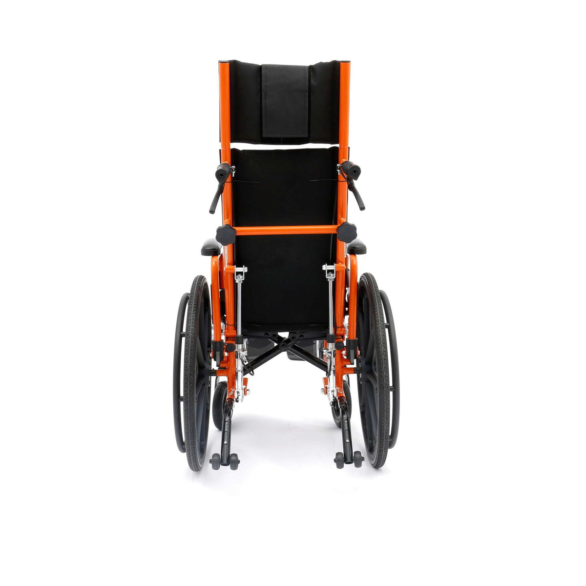 Rear view of orange 12 inch Ziggo Pro reclining wheelchair showing recline release levers, back stabilizer bar and anti-tippers