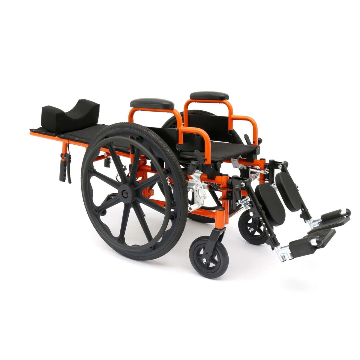 Orange Ziggo Pro reclining wheelchair with backrest fully reclined to 180 degrees, curved headrest and elevating legrests