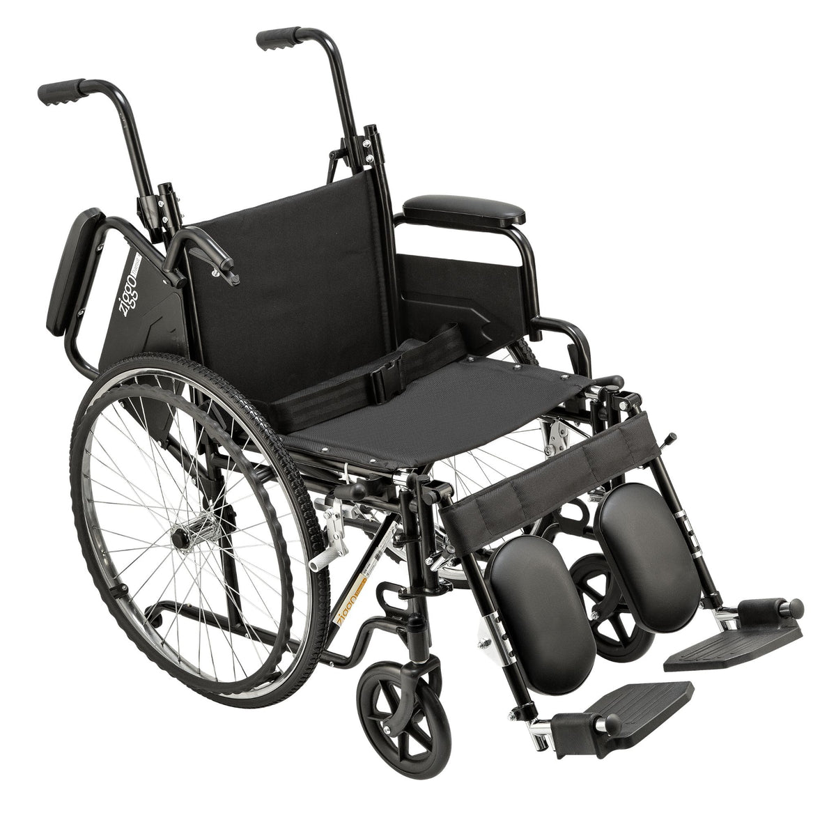 Ziggo Transit wheelchair with one desk-length armrest flipped back for side transfers, pelvic belt and elevating legrests
