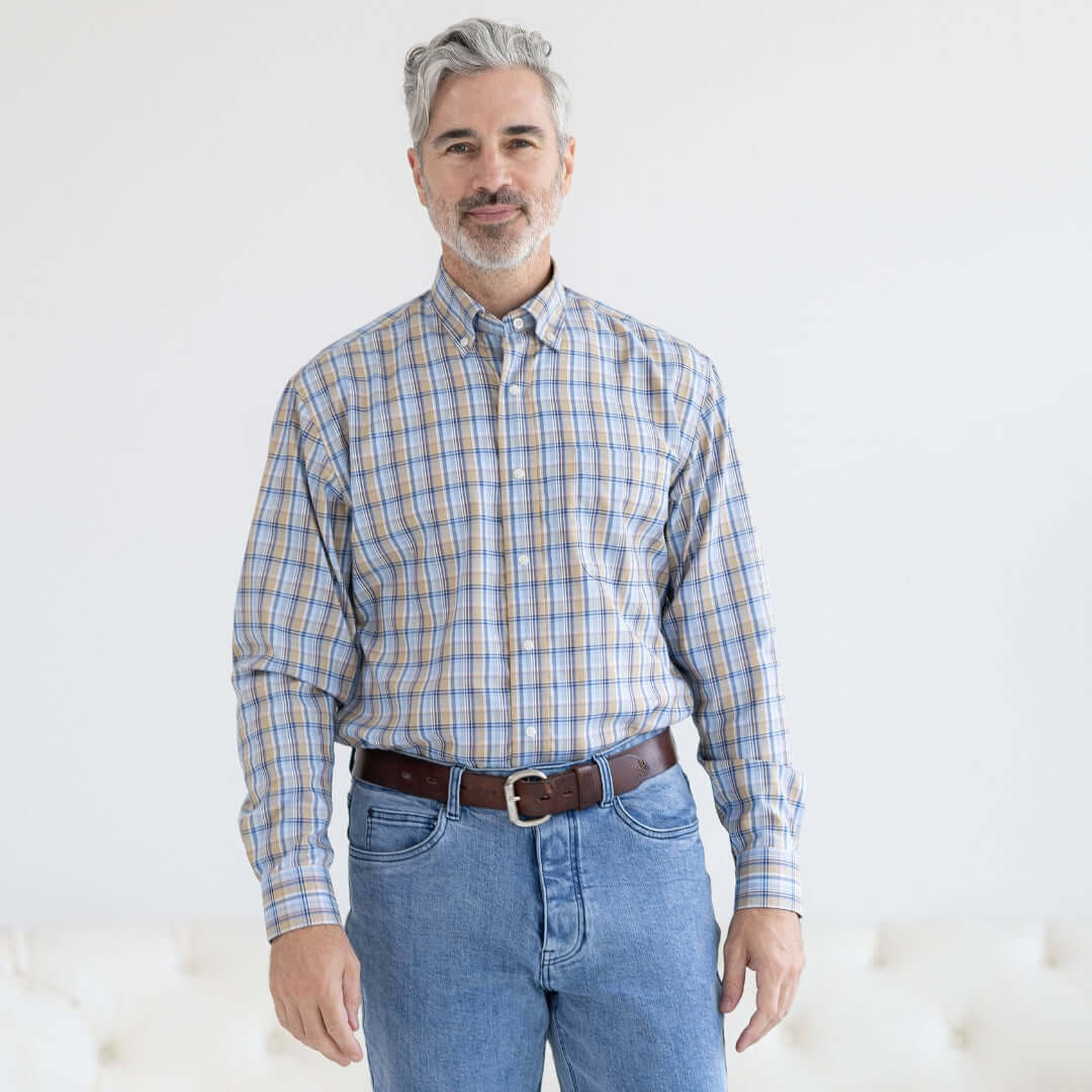 Blue and Brown Plaid Long Sleeve Button Down Collar Shirt with Velcro Closures