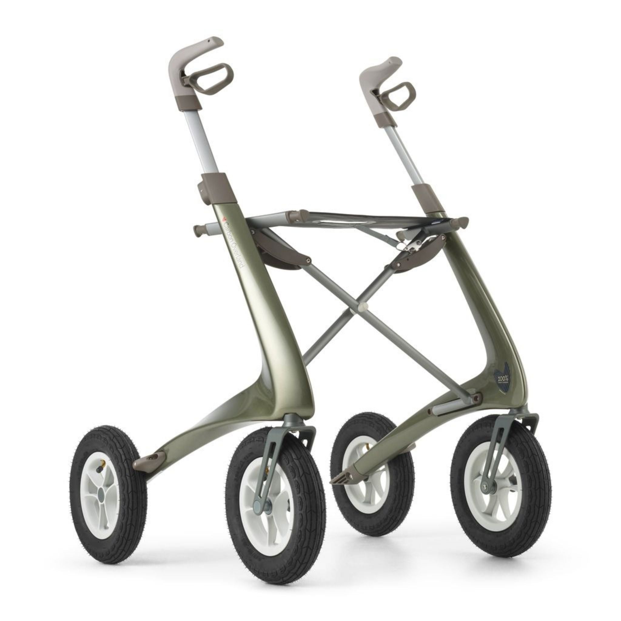 byACRE Carbon Overland all-terrain rollator in Defender Green with large pneumatic wheels and carbon composite frame.