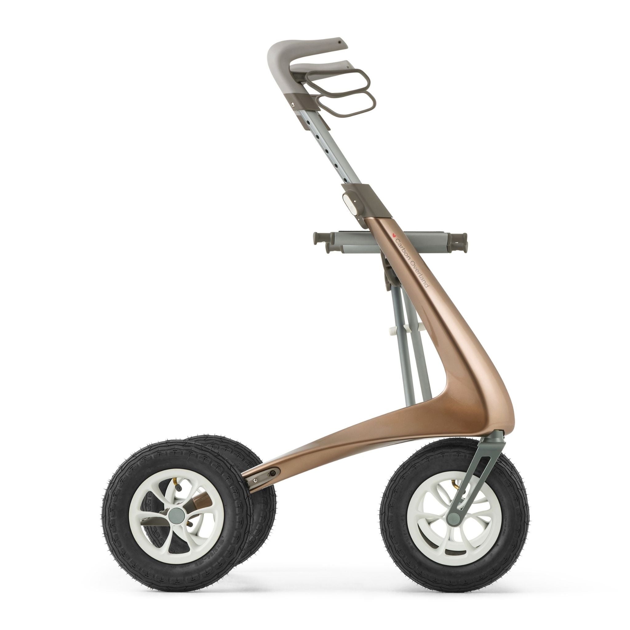 Side profile of the byACRE Carbon Overland carbon fiber rollator with large pneumatic wheels.