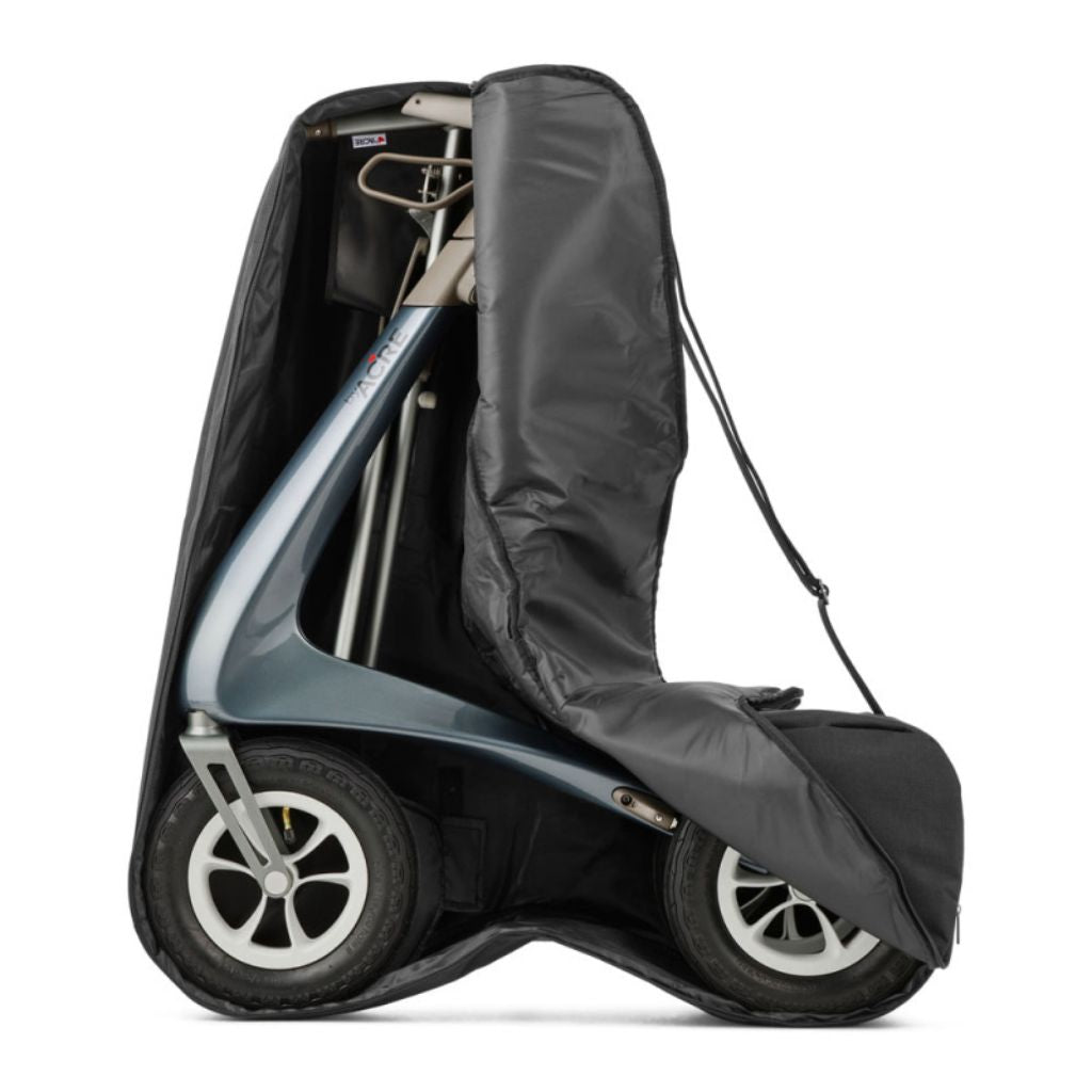 byACRE Carbon Overland travel bag open to show a folded blue Carbon Overland rollator packed inside