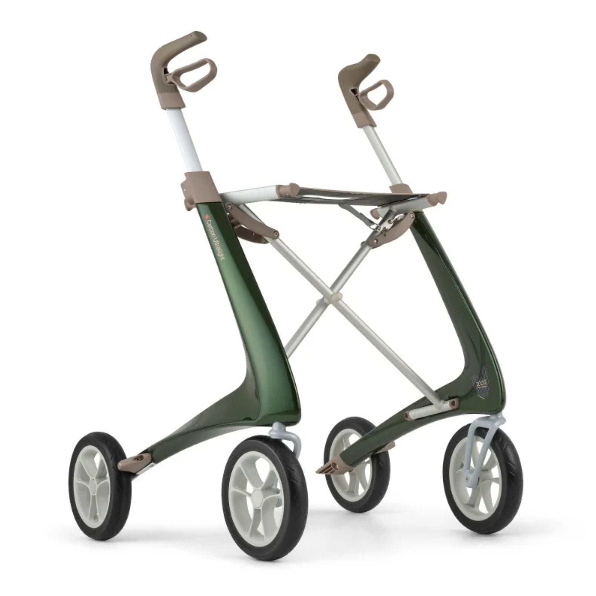 British Racing Green byACRE Carbon Ultralight carbon fiber rollator with ergonomic handles, seat, and puncture-proof wheels