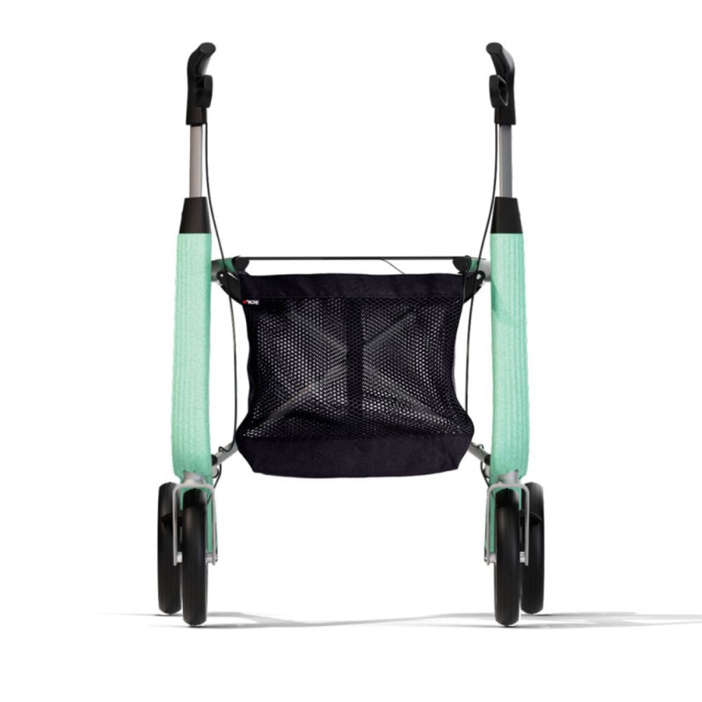 Black byACRE mesh storage bag attached under the seat of a green byACRE Carbon Ultralight rollator, front view