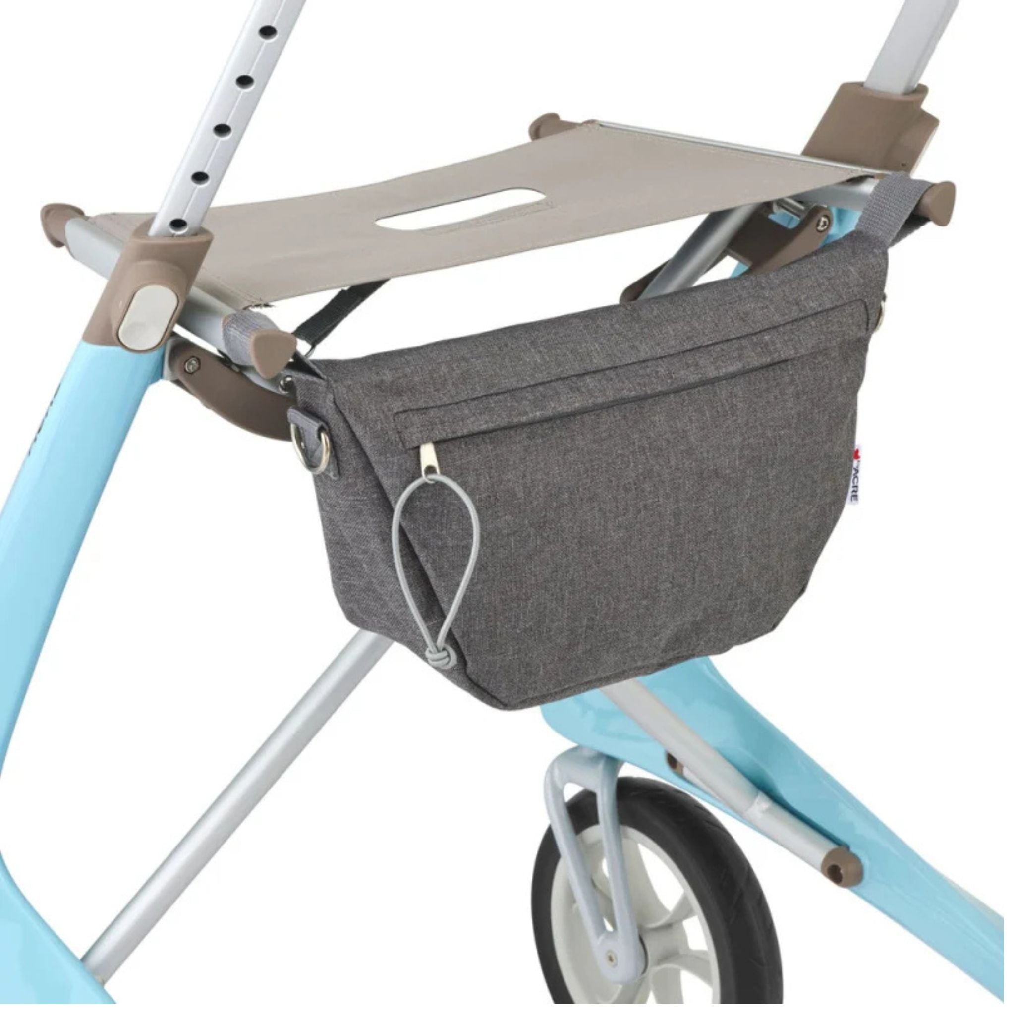 byACRE Carbon Ultralight rollator seat with the included grey organizer bag hanging beneath on a blue frame