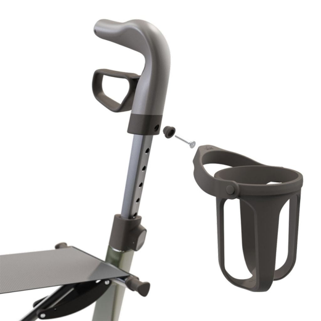 Assembly diagram showing the byACRE cup holder attaching to a rollator handle with a screw