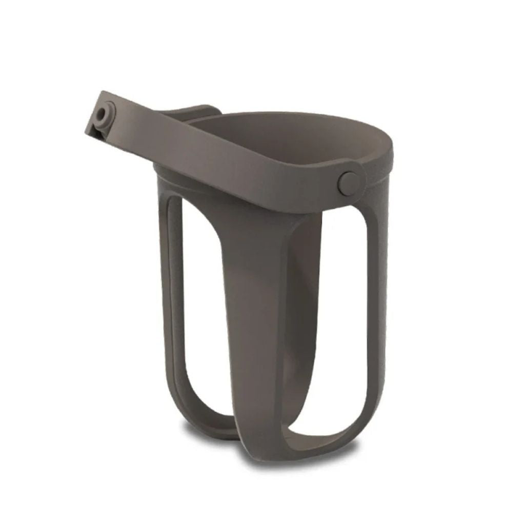 Back view of the charcoal byACRE rollator cup holder showing its mounting arm and pivot