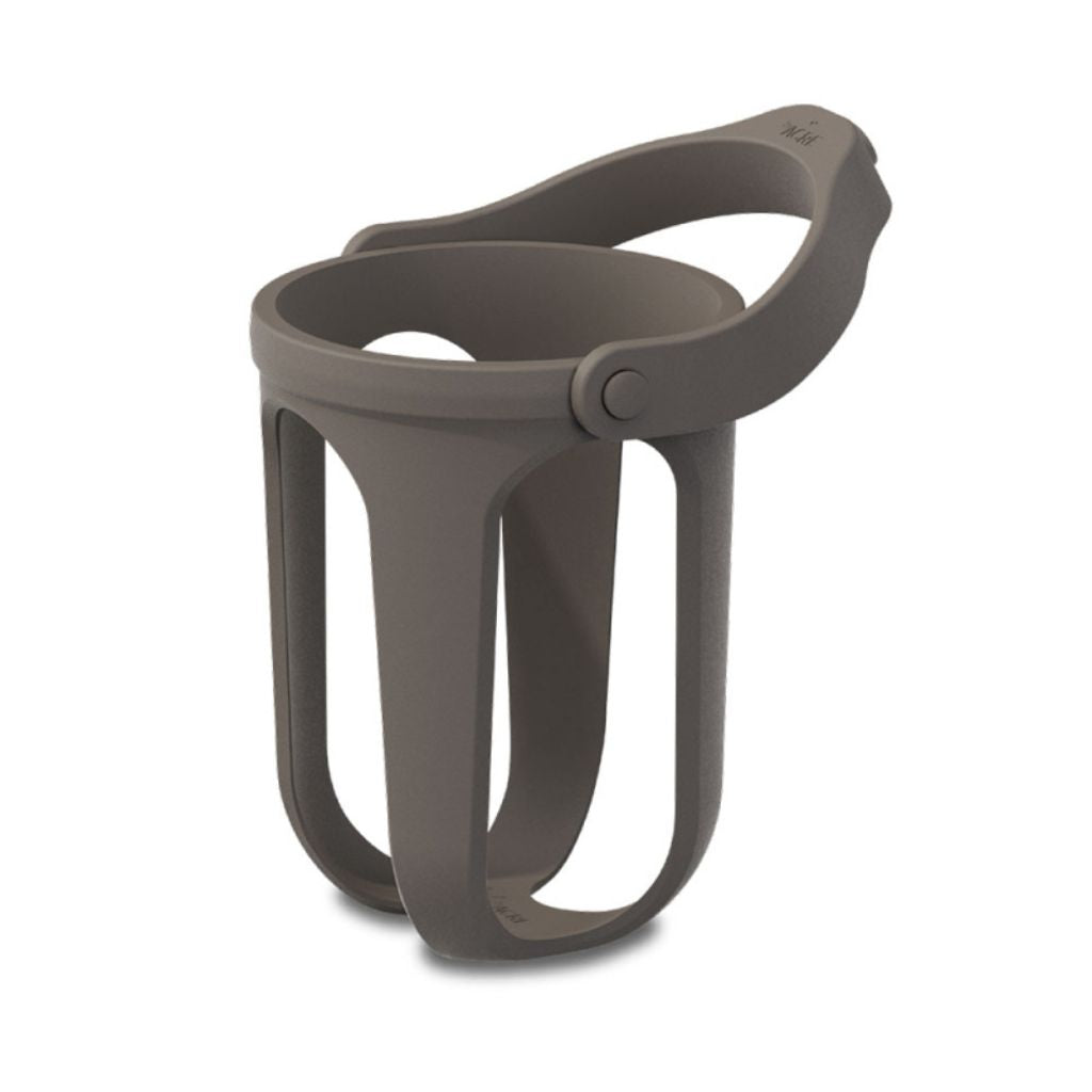 Front view of the charcoal byACRE rollator cup holder with its open-sided nylon cradle