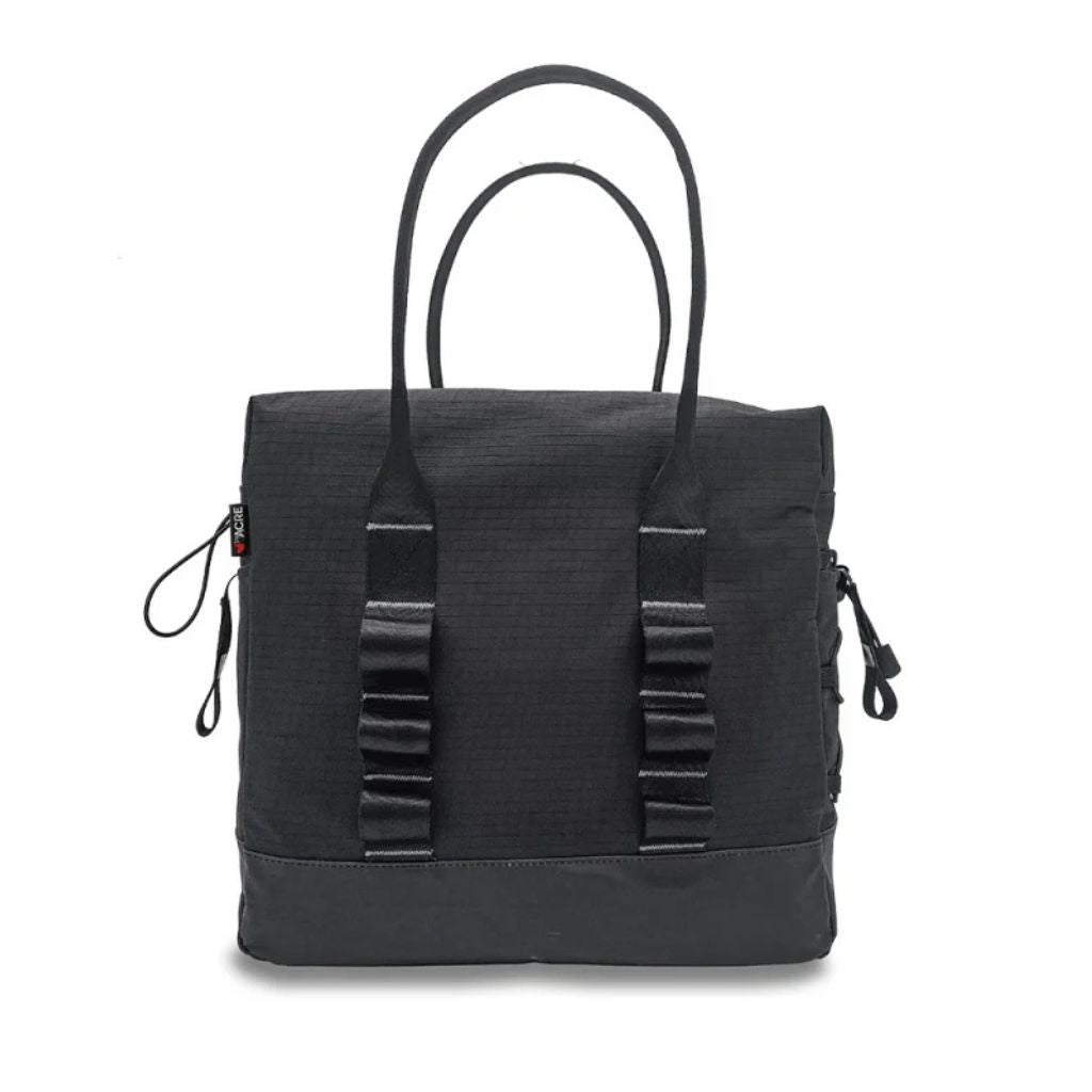 Front view of the charcoal byACRE Daypack rollator bag with carry handles, daisy chains, and tie-out loops