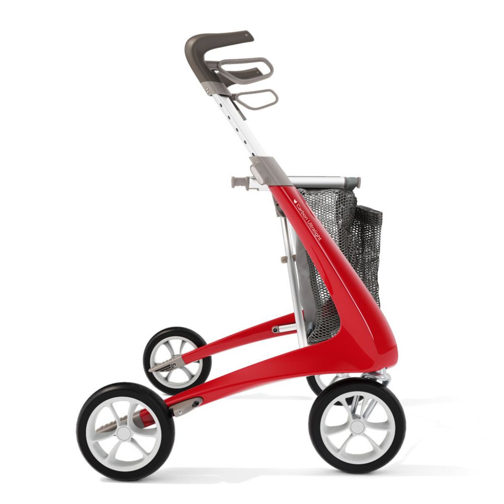 Side view of a grey mesh byACRE grocery bag mounted on a red byACRE Carbon Ultralight rollator