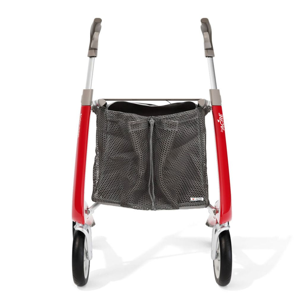Grey mesh byACRE grocery bag attached to a red byACRE rollator, shown from the front