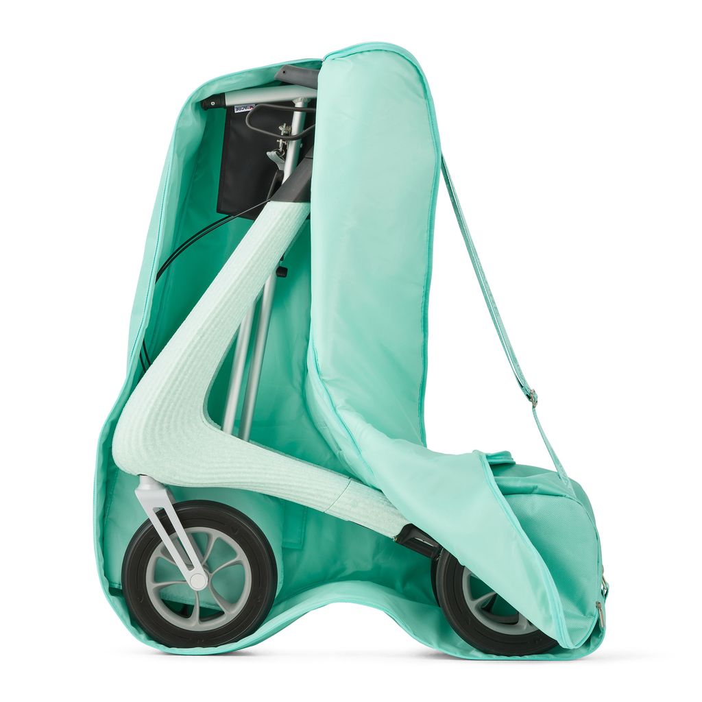 Glacier Green byACRE travel bag holding a folded Nordic Pioneer rollator with the padded flap open