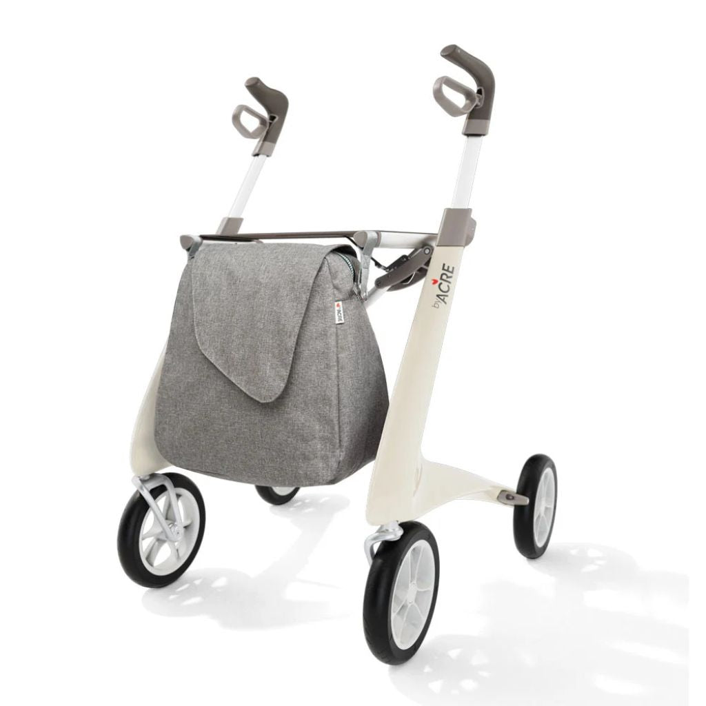 Gray melange byACRE Weekend Bag attached to a white byACRE rollator, shown from the front