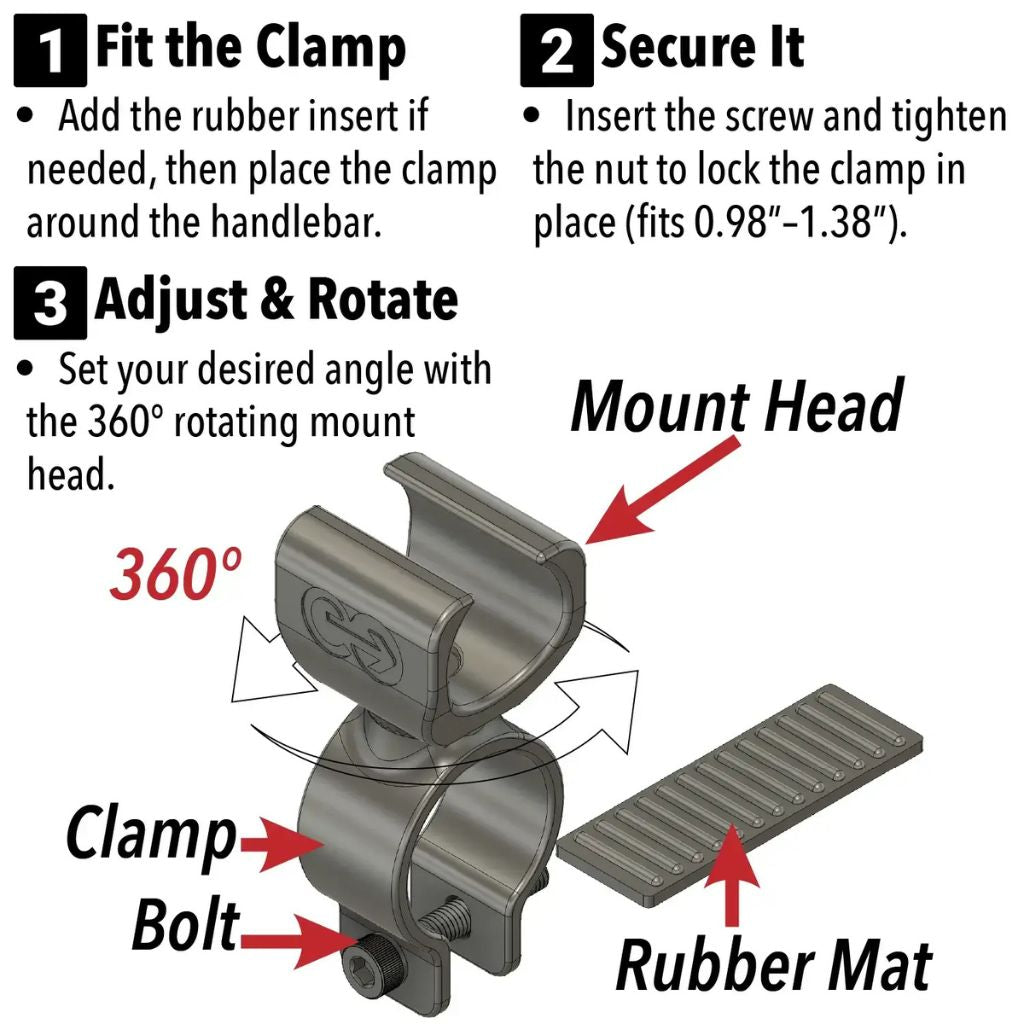 Installation guide for the ComfyGo cane holder: fit the clamp, tighten the bolt to secure, and rotate the mount head to any angle