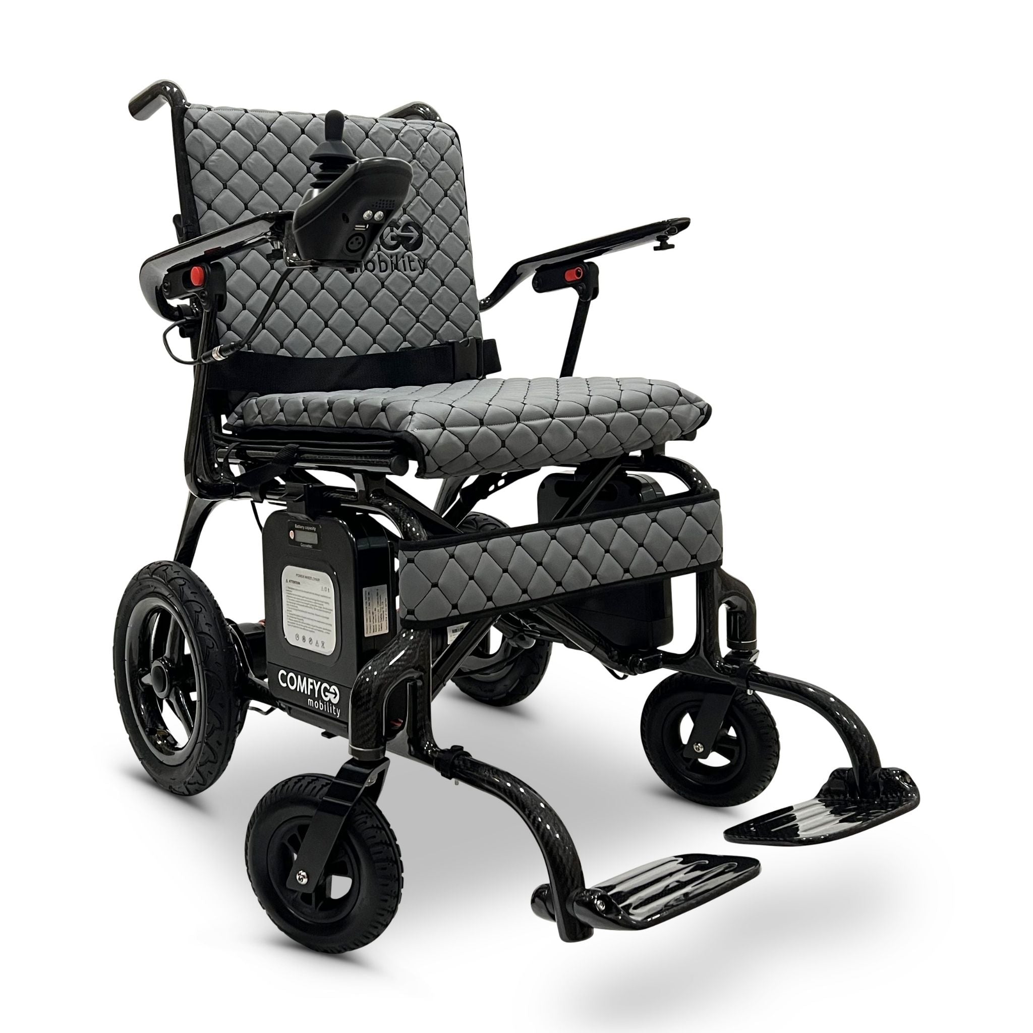 Front angled view of the gray ComfyGO Phoenix Carbon electric wheelchair featuring a carbon fiber frame, padded seat, joystick controller, foldable design, and airline-approved travel-ready mobility system.