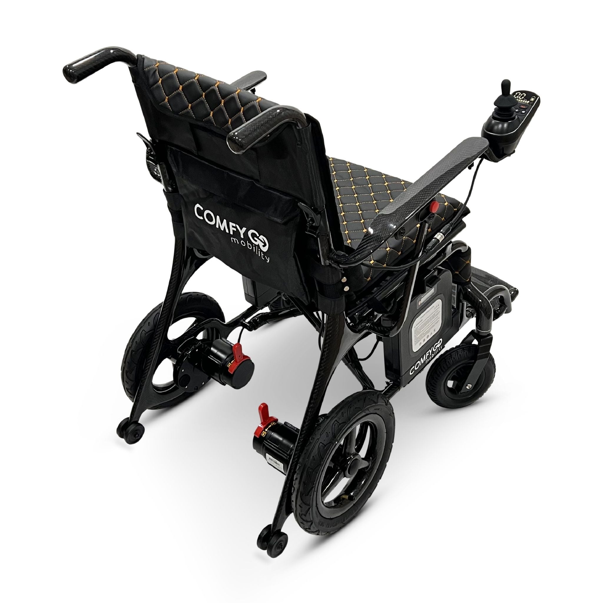 Rear angled view of the ComfyGO Phoenix Carbon electric wheelchair with carbon fiber frame, dual motors, joystick controller, rear storage pocket, and foldable lightweight travel design.