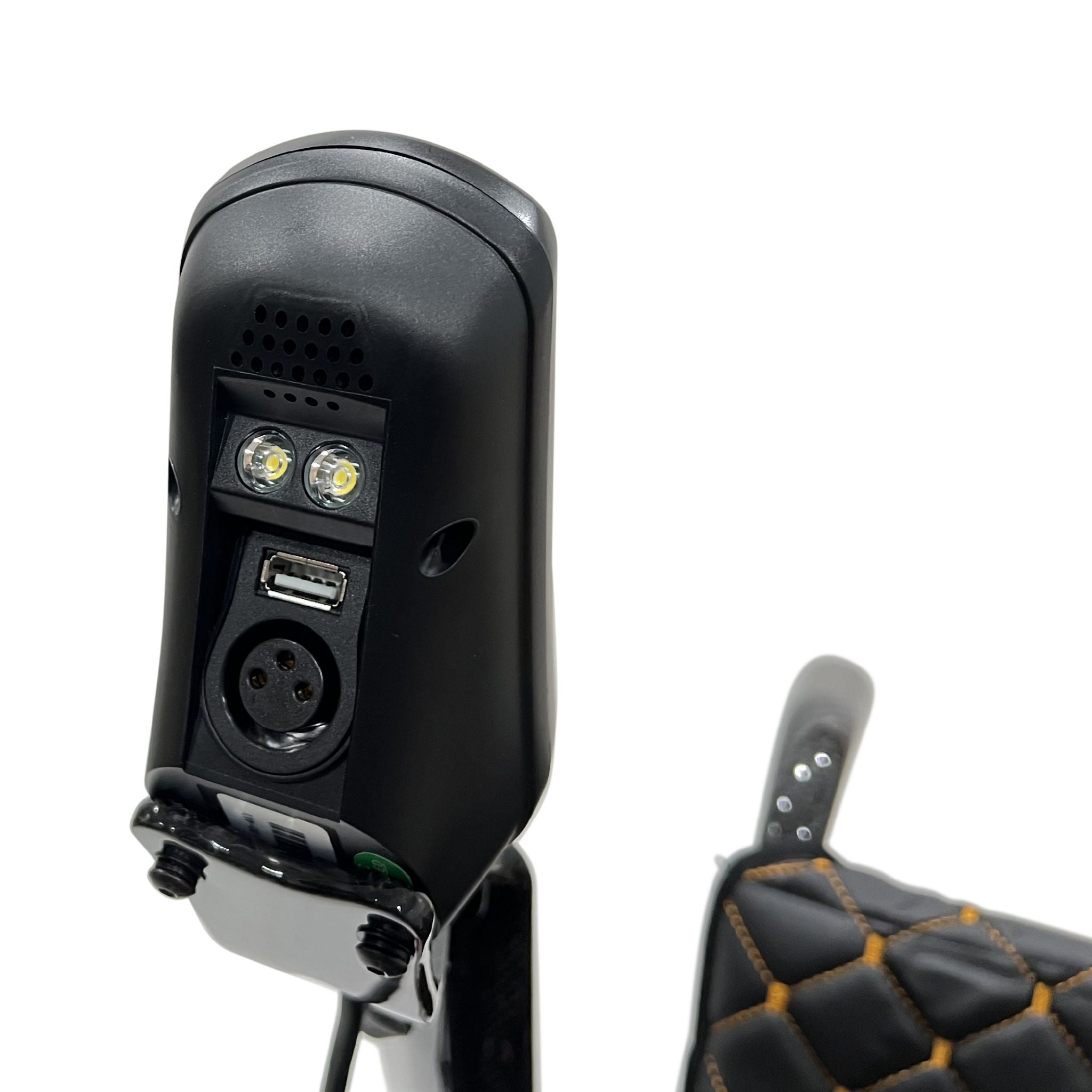 Close-up of the ComfyGO Phoenix Carbon electric wheelchair joystick controller featuring integrated LED lights, USB charging port, and ergonomic driving controls for convenient everyday mobility and travel use.