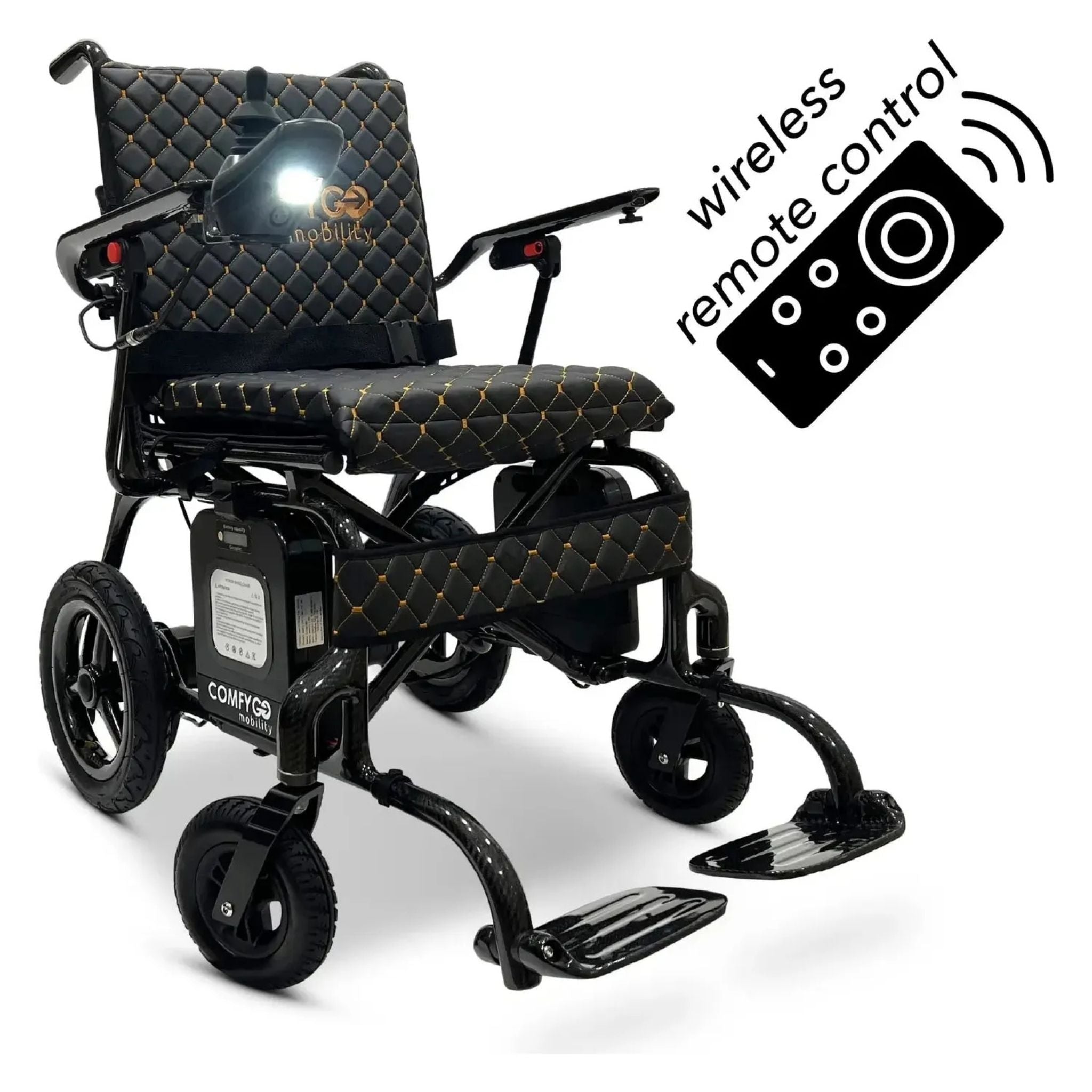 ComfyGO Phoenix Carbon electric wheelchair with wireless remote control feature, integrated LED joystick light, carbon fiber frame, and portable folding power wheelchair design.