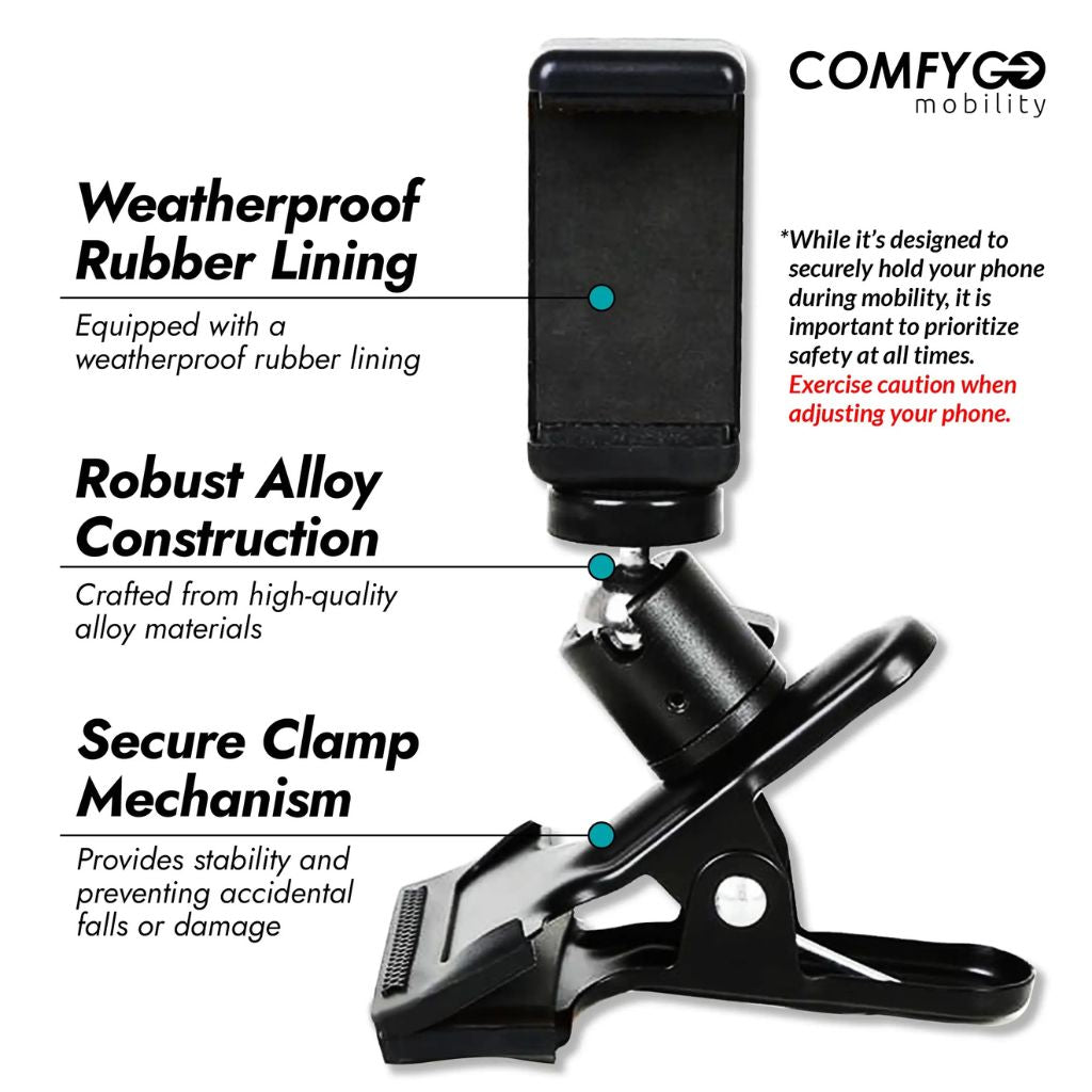 ComfyGo phone holder features: weatherproof rubber lining, alloy construction, and secure clamp mechanism to prevent falls