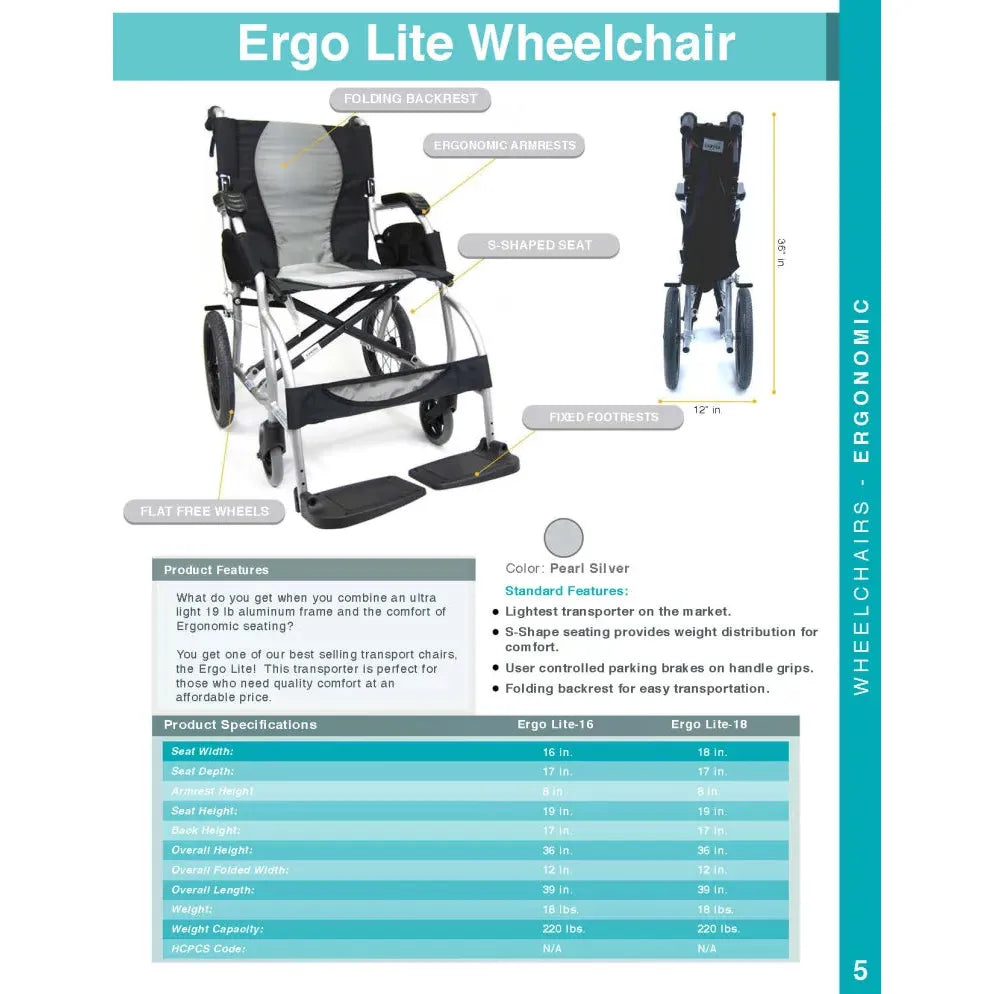 Ergo Lite-Ultra Lightweight Ergonomic Transport Wheelchair