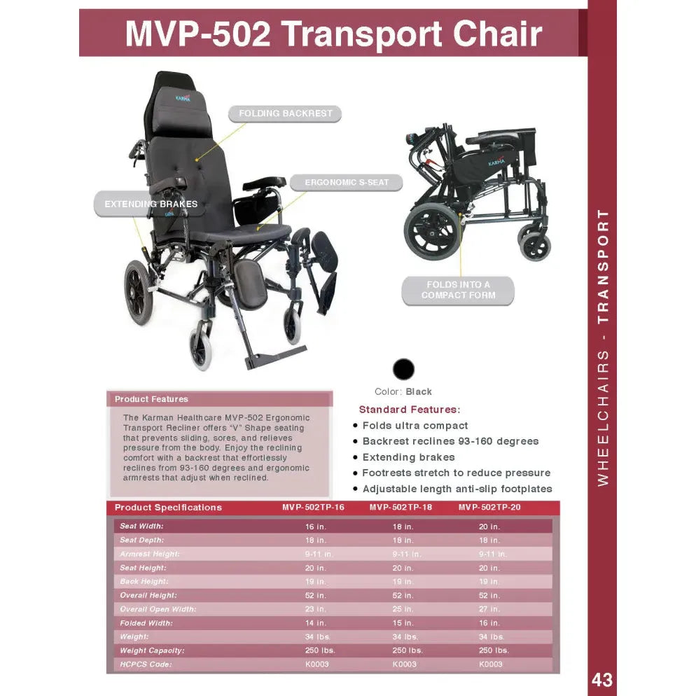 MVP-502 Lightweight Ergonomic Reclining Wheelchair by Karman