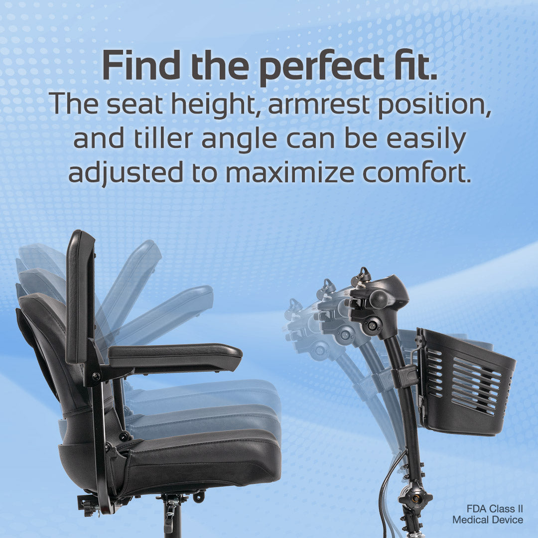 mobility scooter with swivel seat and adjustable tiller