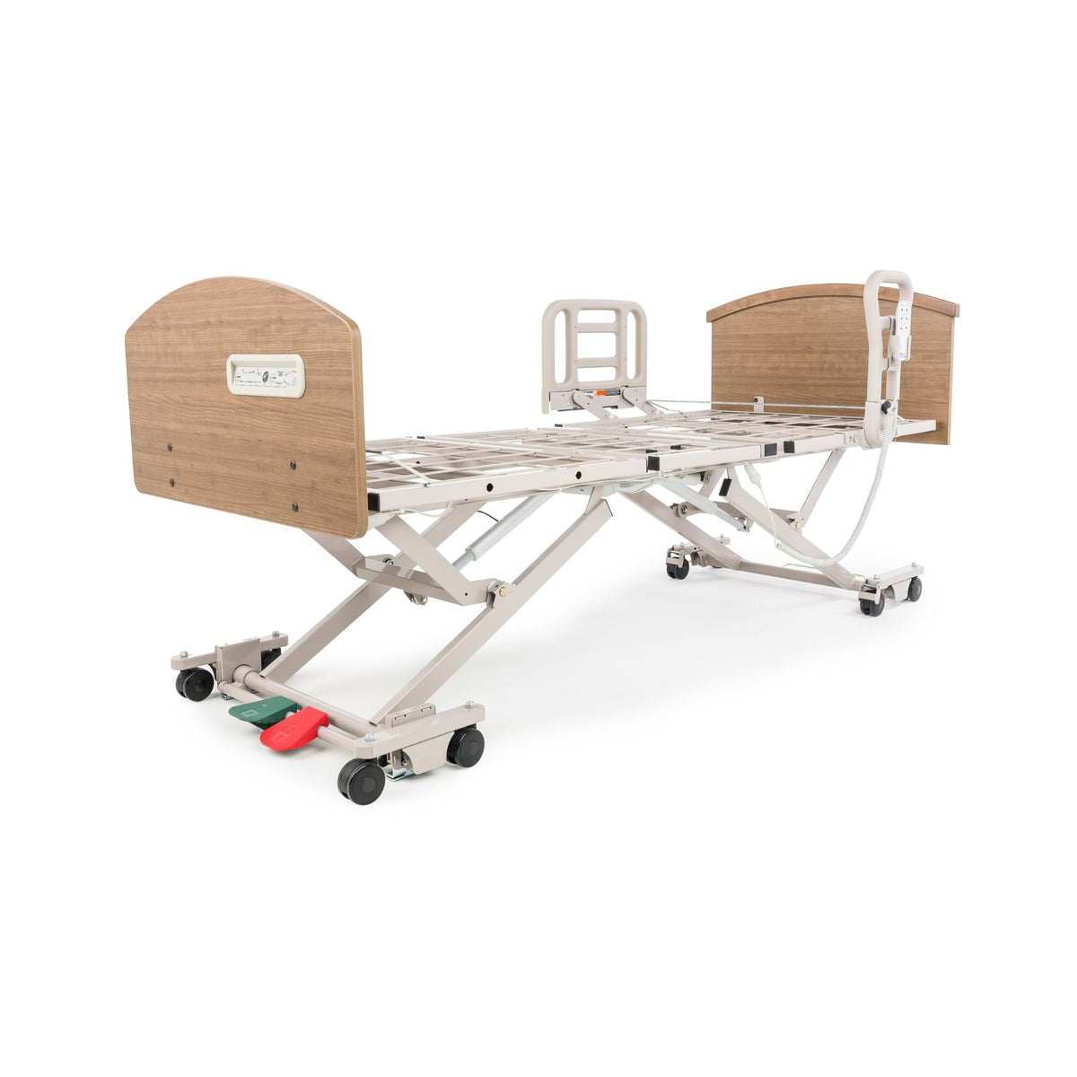 Graham-Field Zenith 7200 full-electric bed raised to its 30-inch high position with grid sleep deck, head and footboards