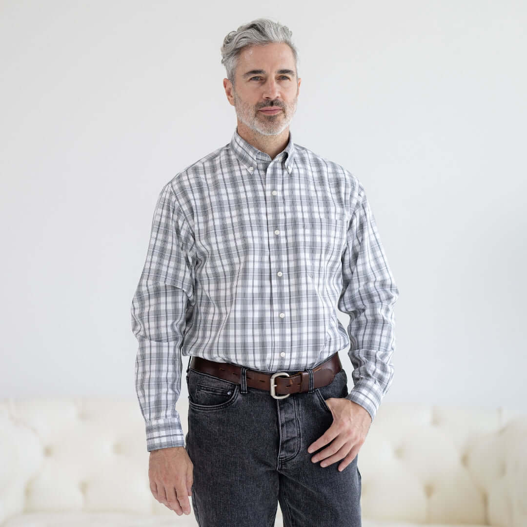 Grey Check Long Sleeve Button Down Collar Shirt with Magnetic Closures