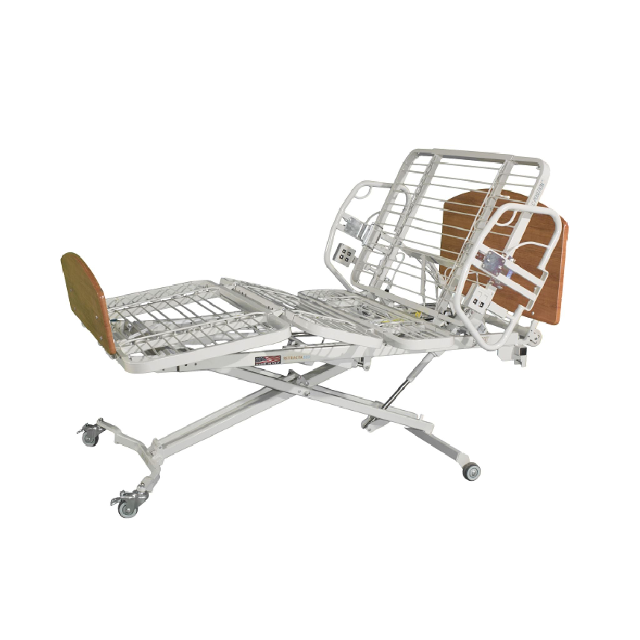 Med-Mizer ComfortWide expandable bed frame raised and articulated without a mattress, showing the deck