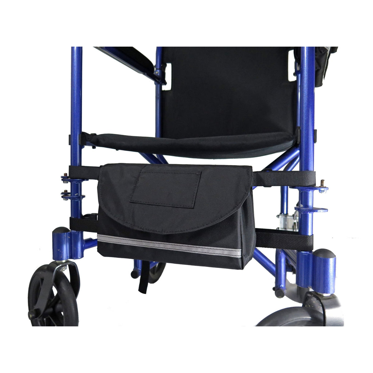 Diestco Down-in-Front Bag strapped to the front frame of a transport wheelchair below the seat, with flap closure and reflective strip
