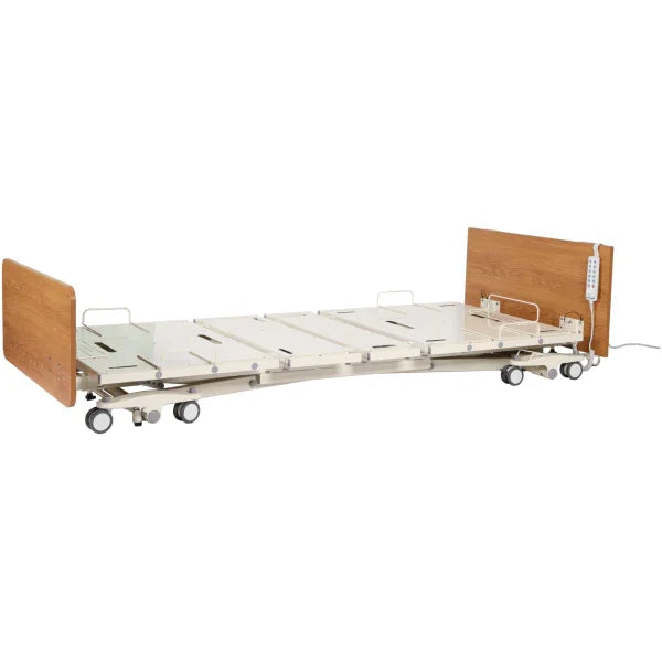 Adjustable electric hospital bed with wood headboard, footboard, and side rails
