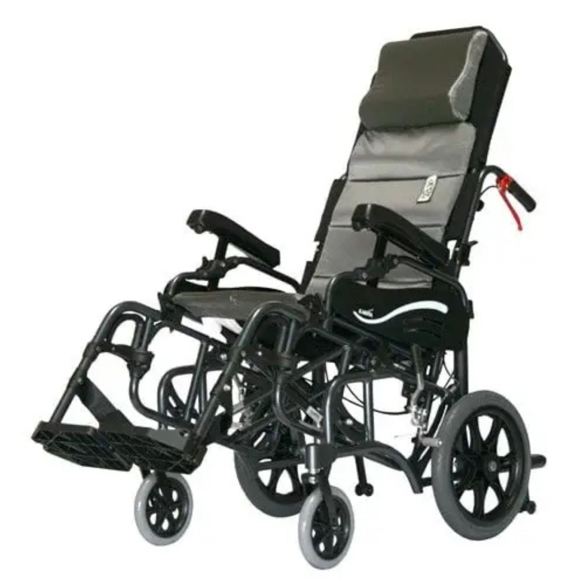 Front angled view of the Karman VIP-515-TP tilt-in-space reclining wheelchair with padded headrest, adjustable armrests, and elevating leg rests on a white background