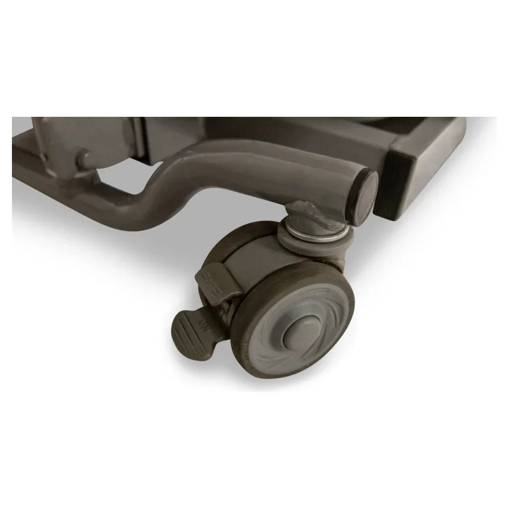 Lockable castor wheel on adjustable medical bed frame for mobility and stability