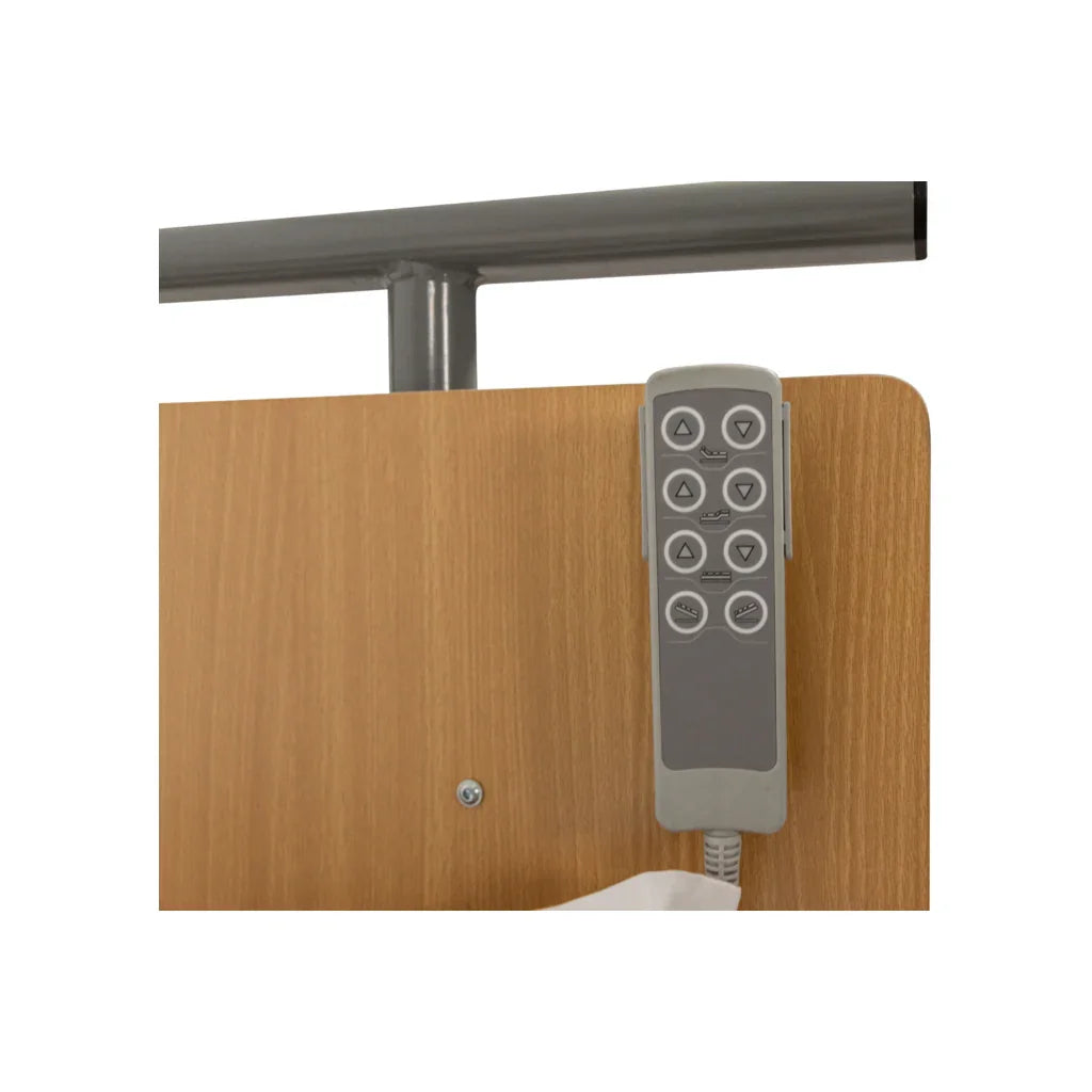 Electric adjustable medical bed headboard with wired remote control for easy mobility.
