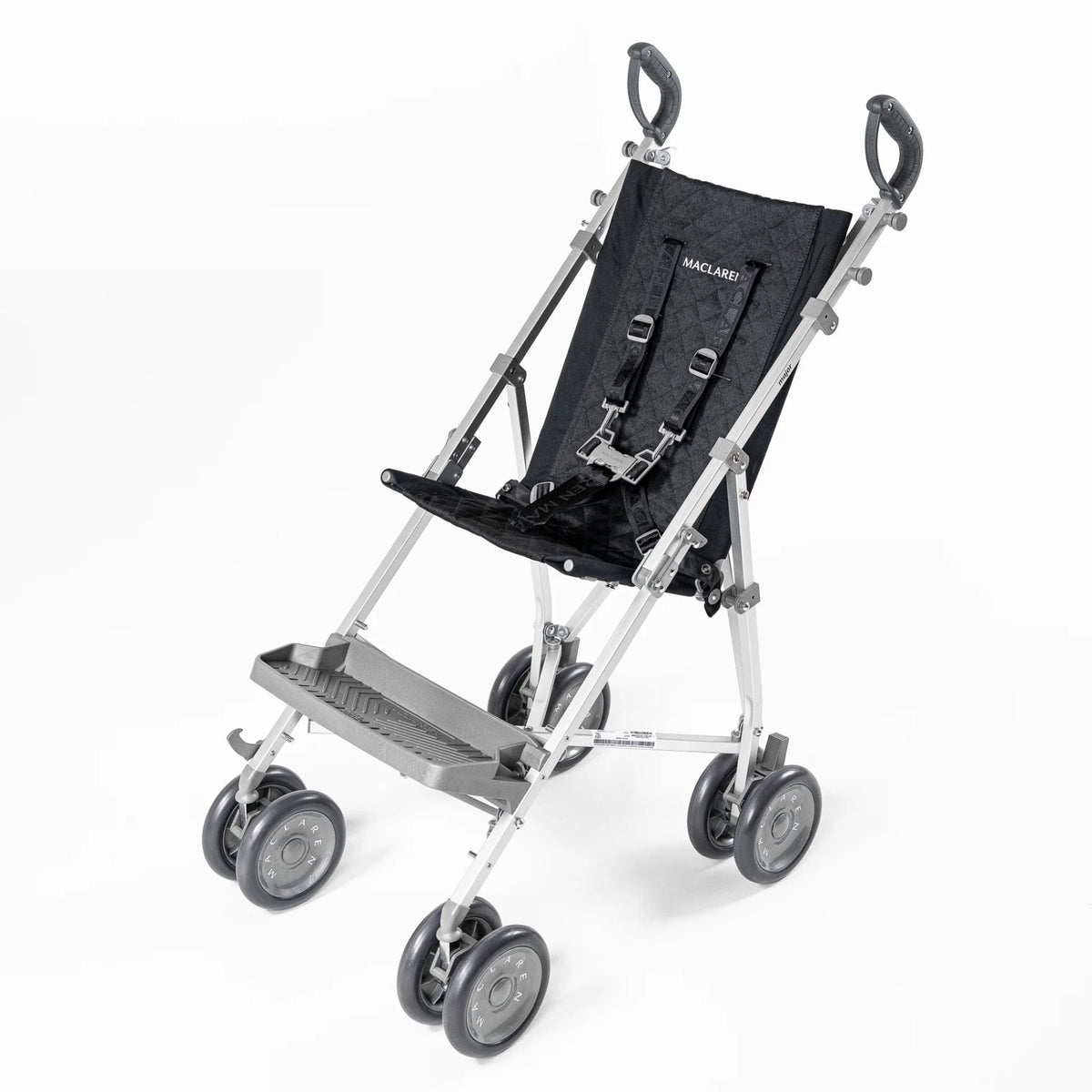 Maclaren Major Elite special needs stroller in Black with quilted seat, five-point harness, and footrest, three-quarter view