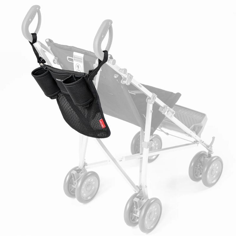 Maclaren Major Elite organizer with two cup holders and mesh storage pocket hanging from the stroller handles