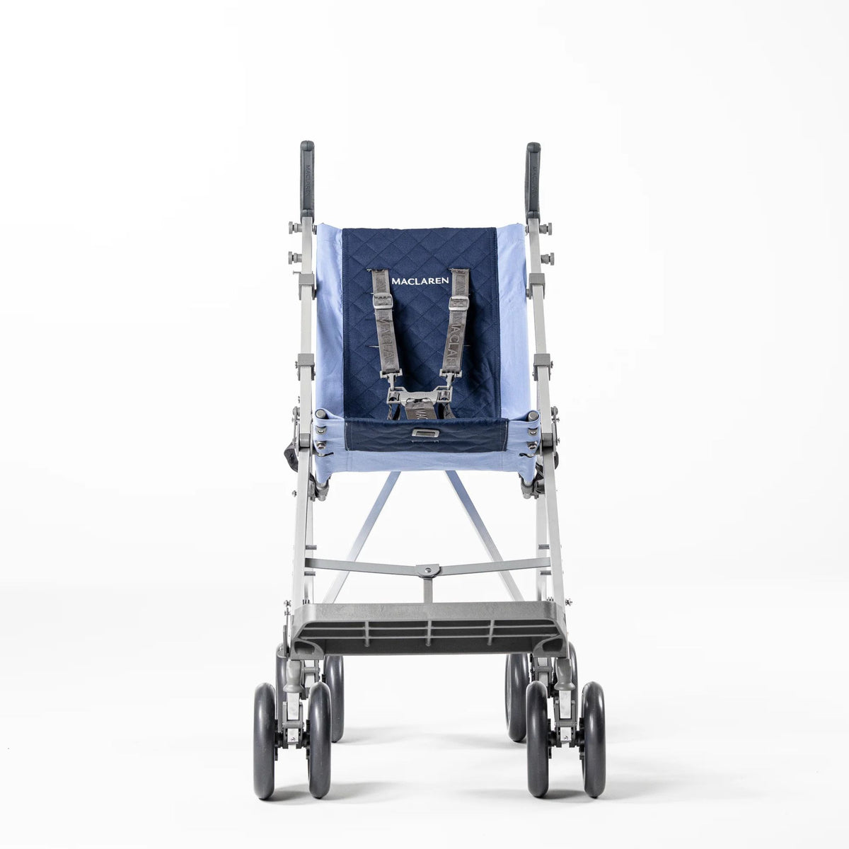 Maclaren Major Elite special needs stroller in Soft Blue/Navy, front view showing the quilted seat, five-point harness, and adjustable footrest