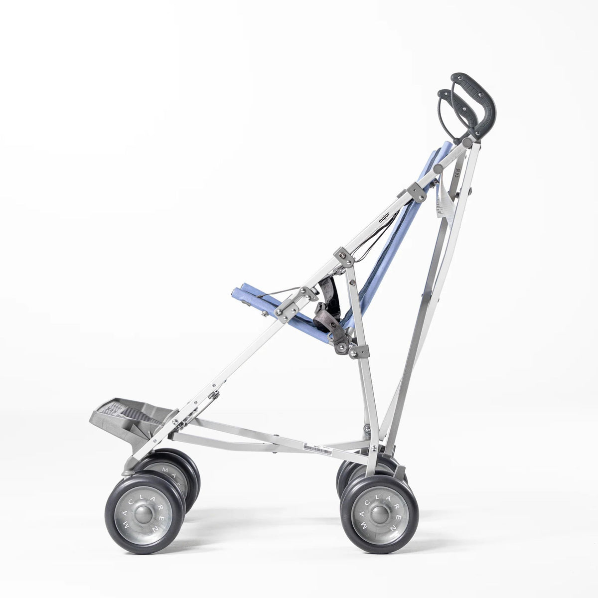 Maclaren Major Elite stroller in Soft Blue/Navy, left side profile showing the aluminum umbrella frame, tilted seat, and dual 7-inch wheels