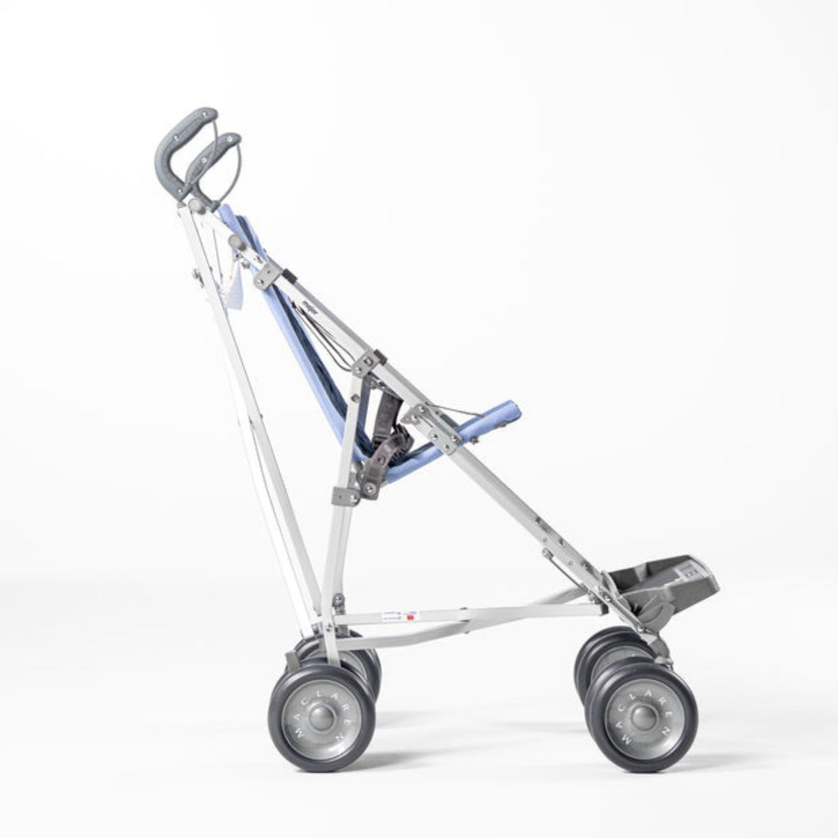 Maclaren Major Elite stroller in Soft Blue/Navy, right side profile showing the ergonomic handles and rear parking brakes