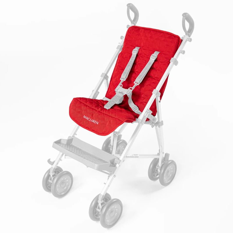 Maclaren Major Elite quilted padded seat liner in Cardinal Red installed on the stroller seat with harness threaded through