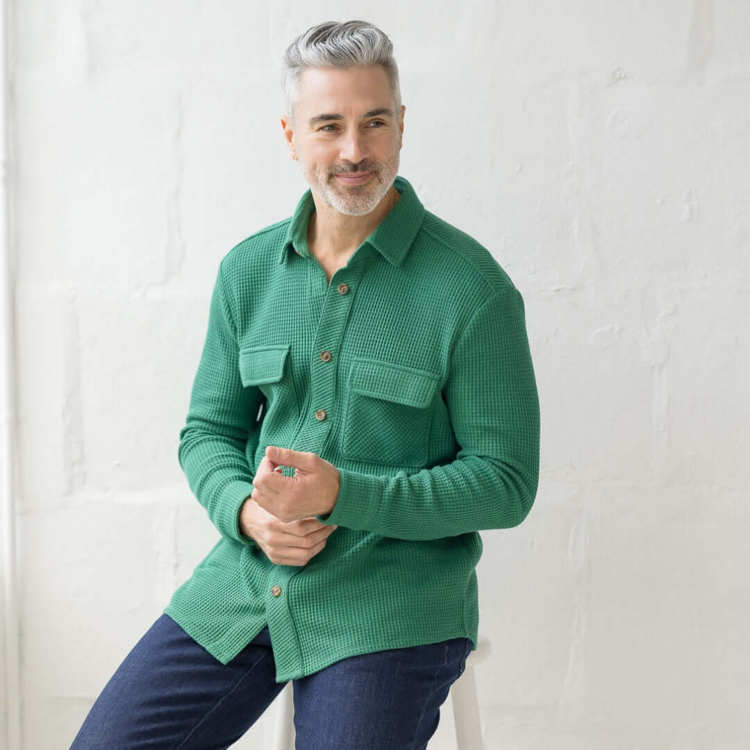 Magnetic Front Waffle Weave Casual Shirt with Dual Oversized Pockets in Green