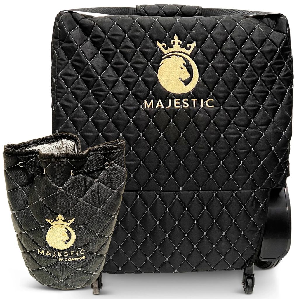 Majestic travel bag on a folded wheelchair shown with the matching quilted drawstring controller bag in front