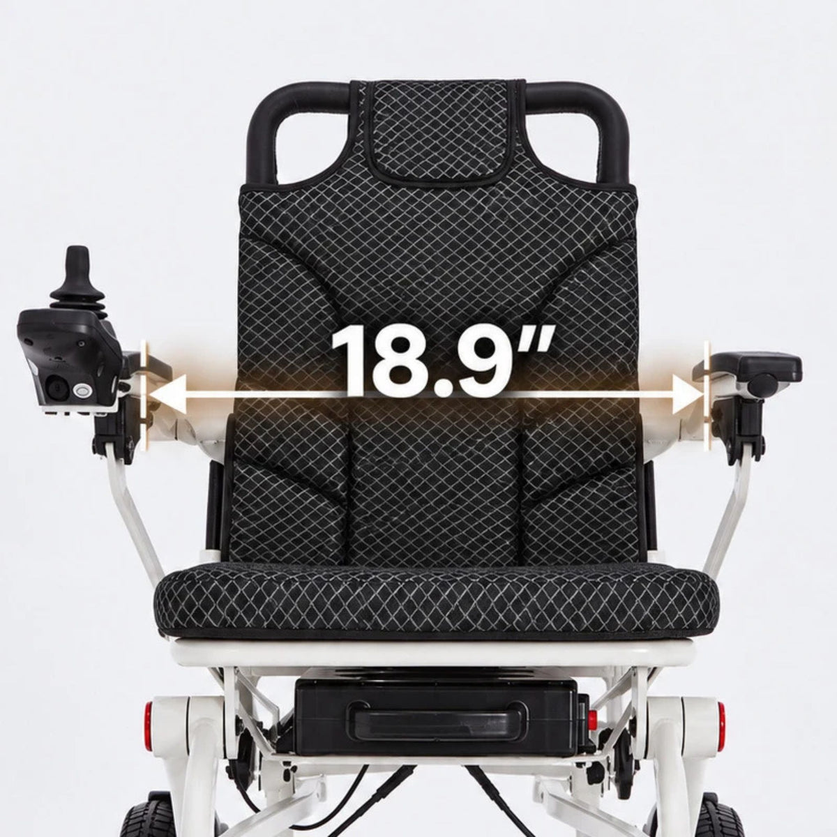 Front view of the OAS Air Pro 2027 electric wheelchair showing 18.9 inches of space between the armrests